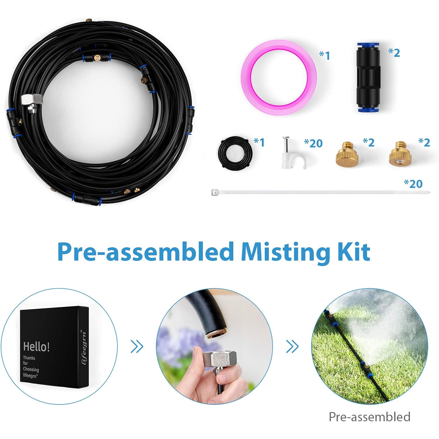 Lifeegrn Misting Cooling System, Outdoor Misting System For Patio, 40 Ft Misting Line+10 Mist Nozzles+3/4" Brass Adapter,Outdoor Mister System For Patio Garden Trampoline Greenhouse