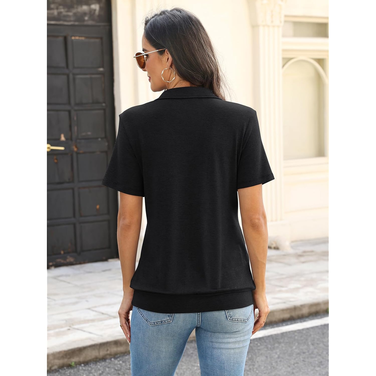 Womens Polo Shirts Short Sleeve Banded Bottom Tops Business Casual Tops Collared V Neck Dressy Blouses