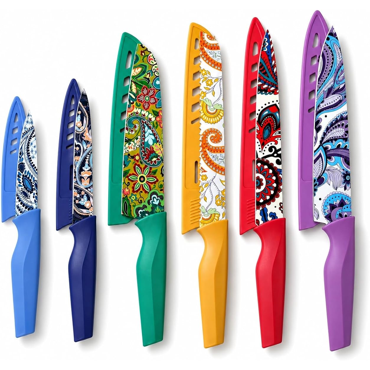 Astercook Paisley Pattern Knife Set With Cover | Dishwasher Safe, 6 Knife Sheath, German Stainless Steel, Rainbow Colorful Design