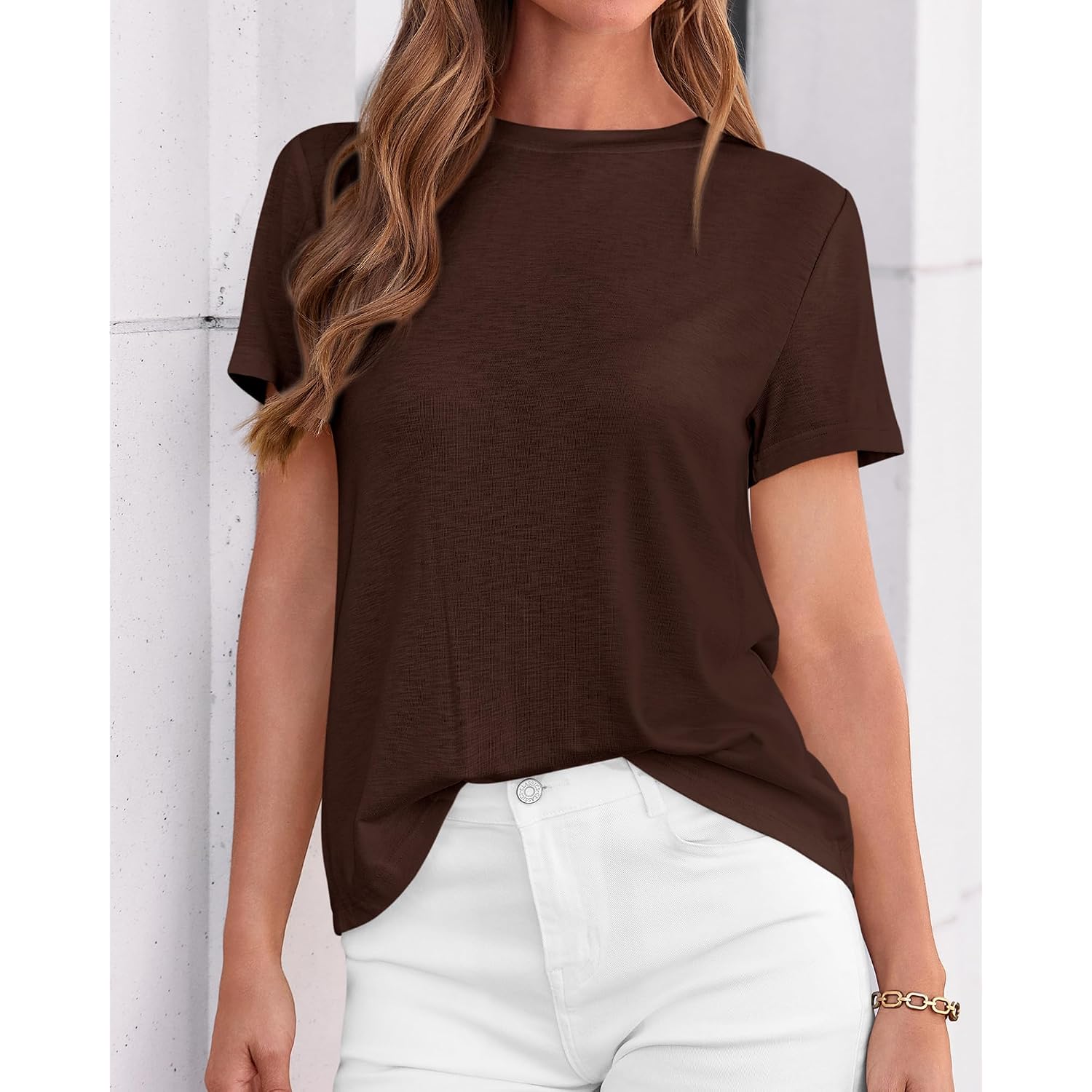 Kirundo Short Sleeve Tops For Women, 2026 Summer Crewneck Knit Plain T-Shirts, Soft Stretchy Basic Tee For Daily Wear Work