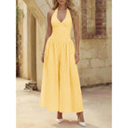 Wenrine Womens Halter V Neck Corset Maxi Dresses Summer Plaid Smocked Tie Back Backless Wedding Guest Drop Waist Dress