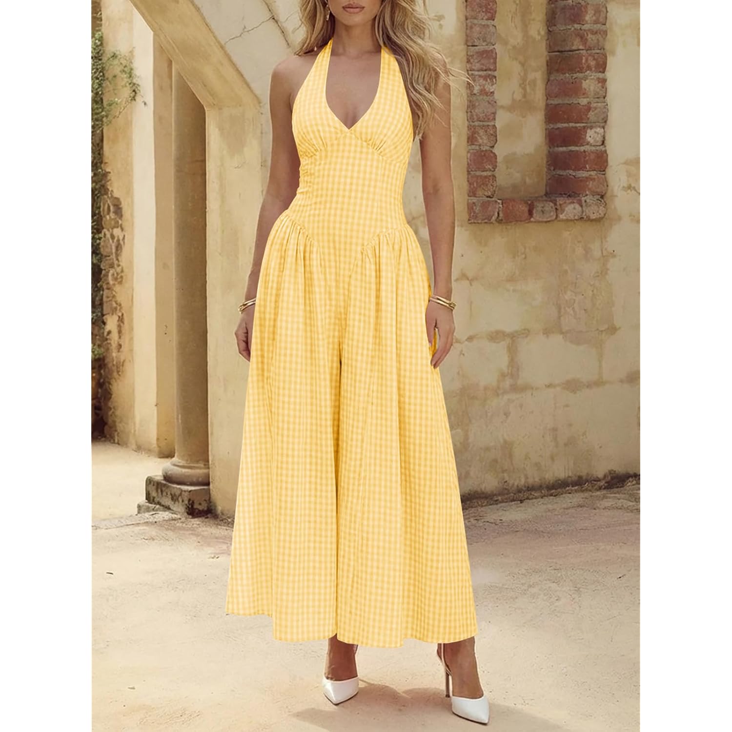 Wenrine Womens Halter V Neck Corset Maxi Dresses Summer Plaid Smocked Tie Back Backless Wedding Guest Drop Waist Dress