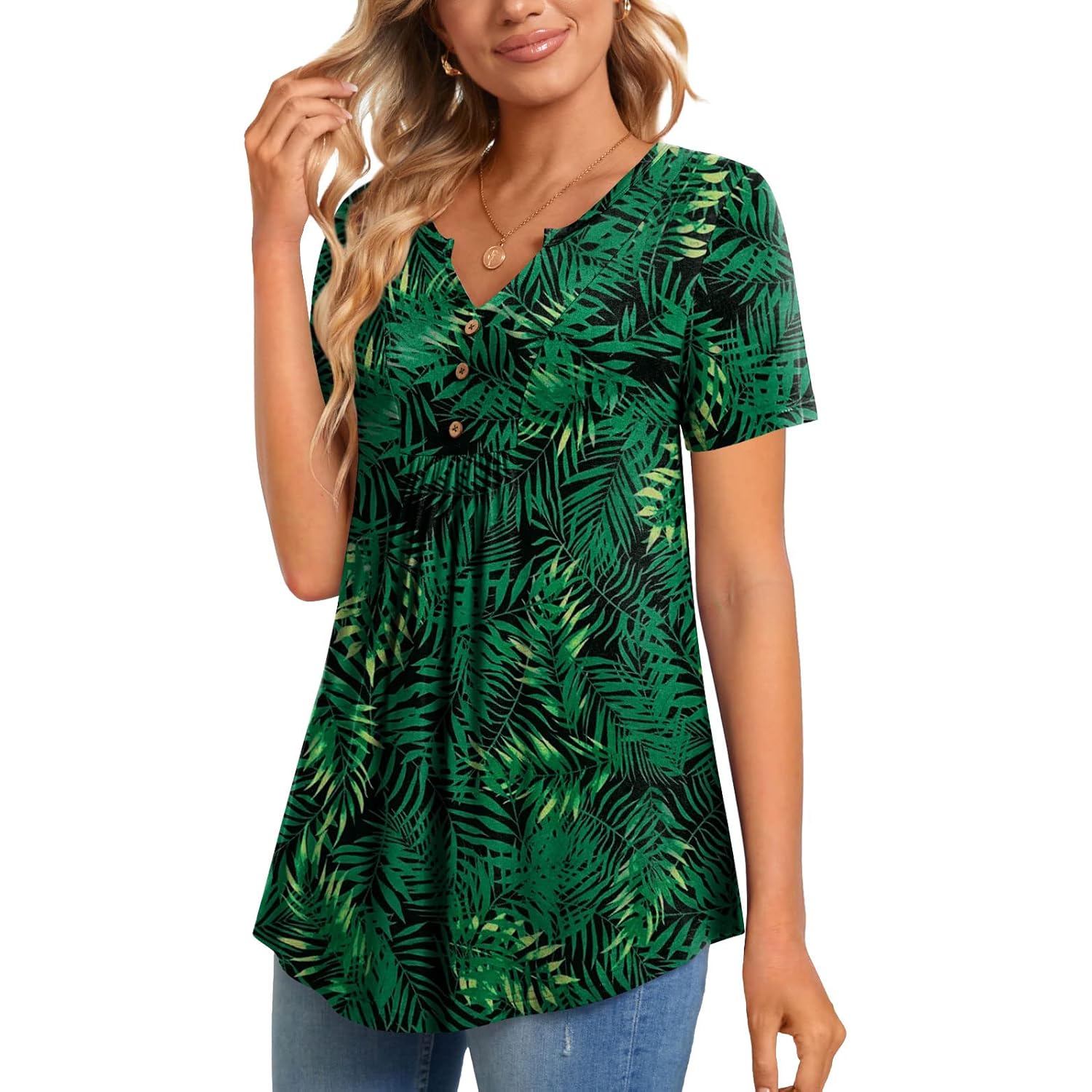 Womens Short Sleeve Tunic Tops Henley Shirt V Neck Button Up Blouse Casual Pleated Basic Pullover