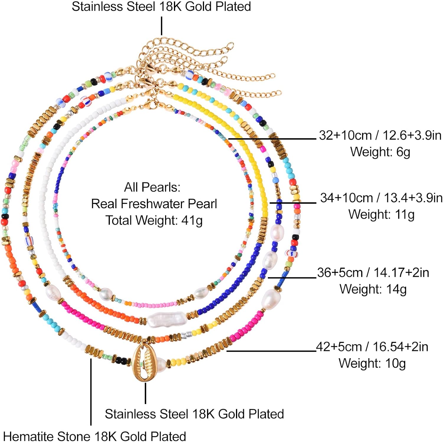 Wellike Freshwater Pearl Beaded Necklace for Women Handmade Boho Colorful Glass Beads Choker Necklace Stainless Steel 18K Gold Plated Bohemian Women Summer Jewelry Gifts