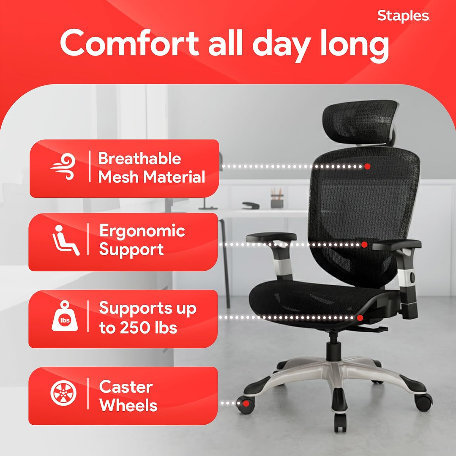 Staples Hyken Ergonomic Task Chair, Mesh, Ergonomic, Lumbar Support, Swivel, Black