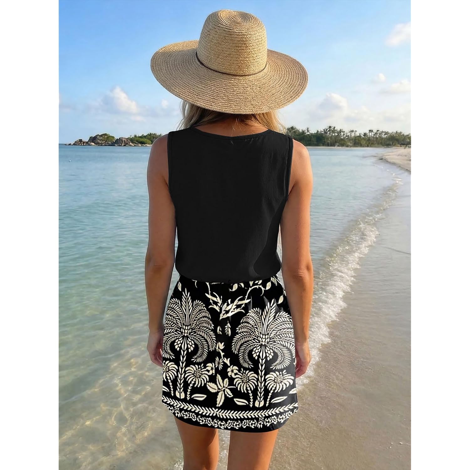 Saukole Womens Summer Causal Loose Sleeveless Crew Neck Drawstring Waist Mini Short Dress With Pockets