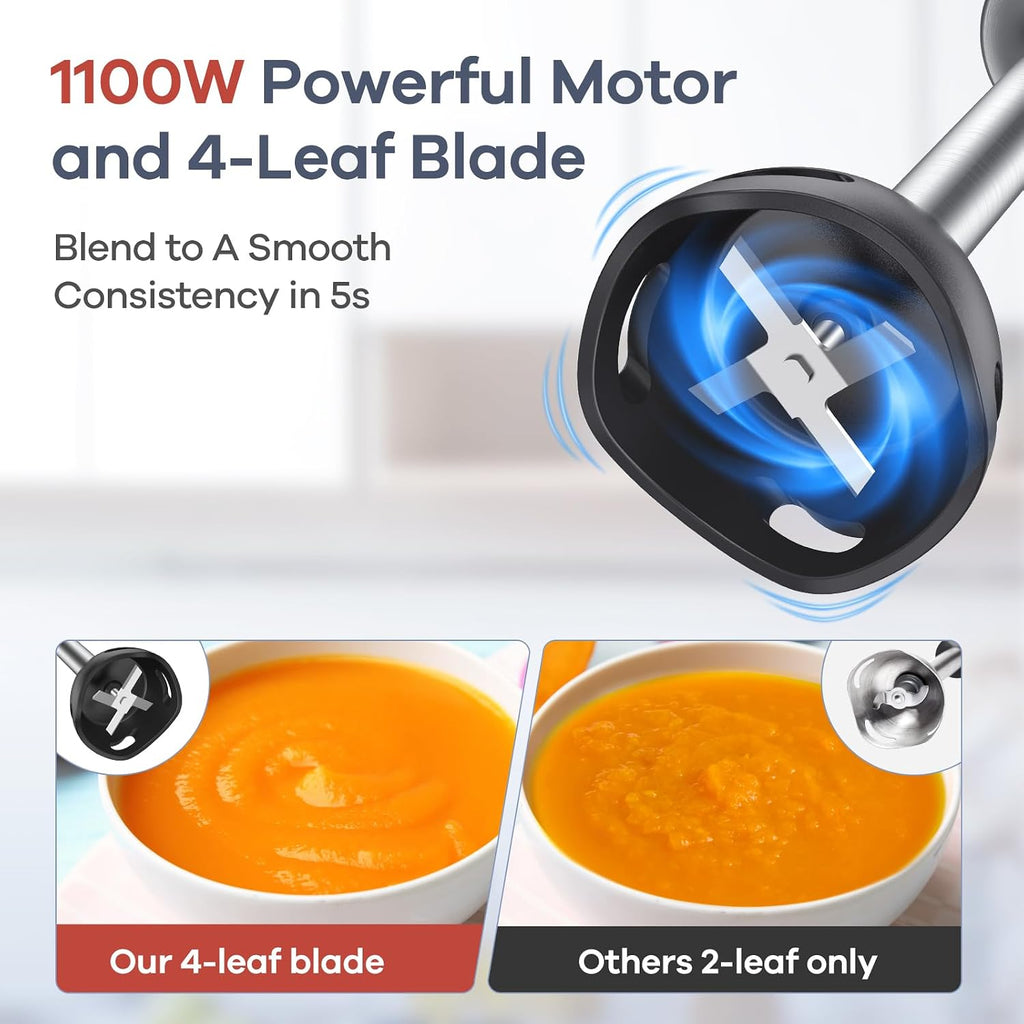 Ganiza Immersion Blender Handheld, 6 In 1 Hand Blender Stainless Steel Blade, 15 Speed Stick Blenders Electric, 800Ml Mixing Beaker, 600Ml Chopper, Whisk, Frother, Potato Masher