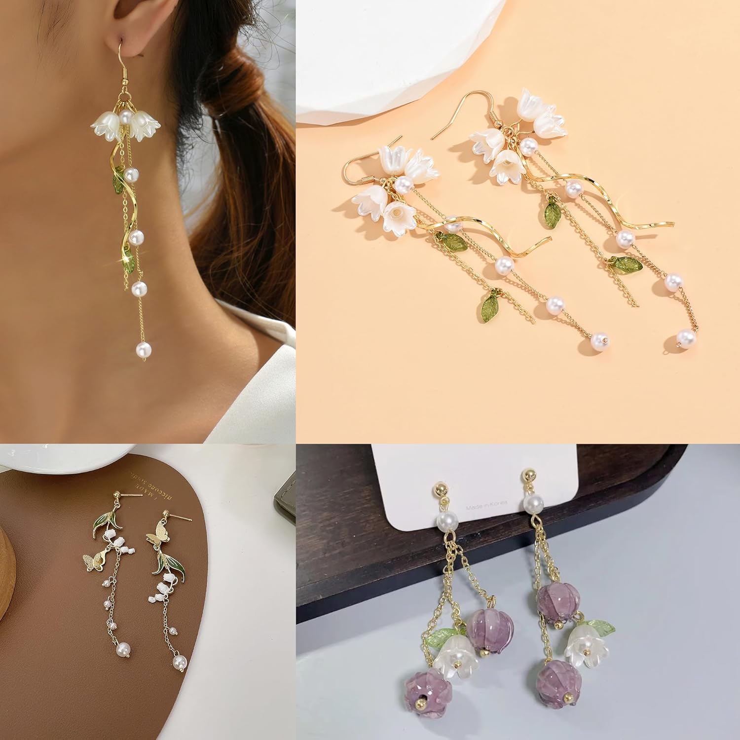 9 Pairs Floral Earrings Set Inspired Long Dangle Flower Leaf Designed Earrings With Pearl Accents And Tassel Details Hypoallergenic Statement Earrings for Women