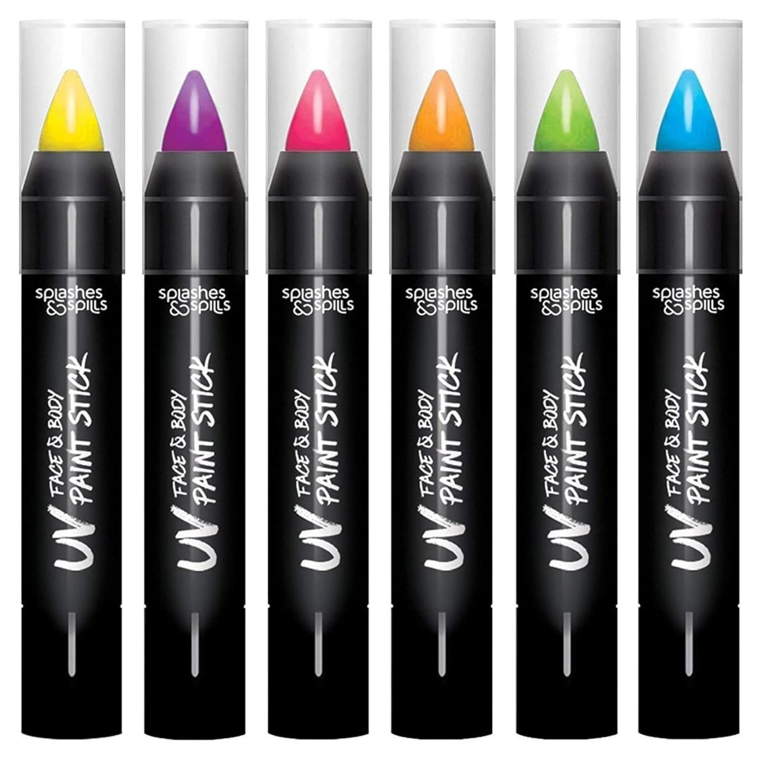 Splashes & Spills UV Face and Body Paint Sticks - UV Body Paint, UV Face Paint for Costume, Cosplay, Theater, Club - Glows Under UV Light - Black Light Paint For All Skin Types (6 Colors)