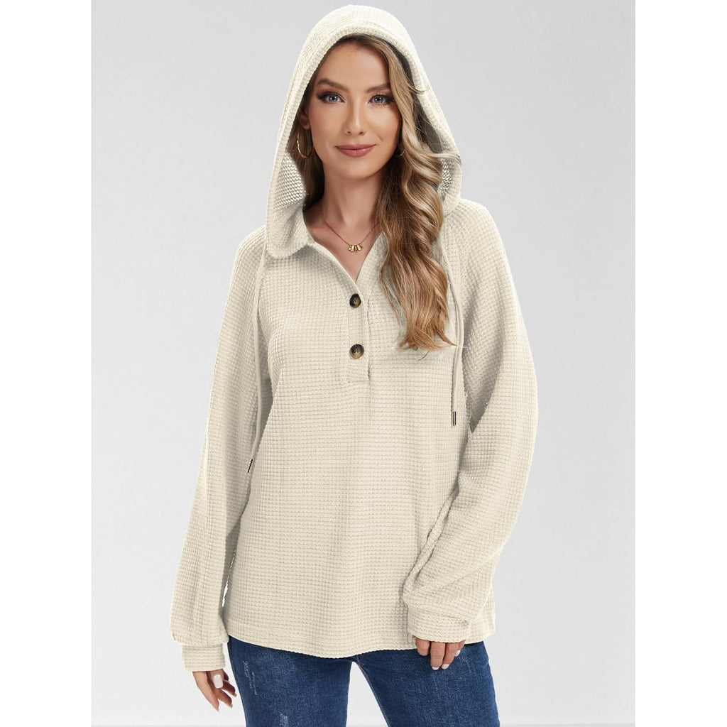 Hoodies Sweatshirt for Women Waffle Long Sleeve Oversized Sweaters Drawstring Button V Neck Casual Pullover Tops