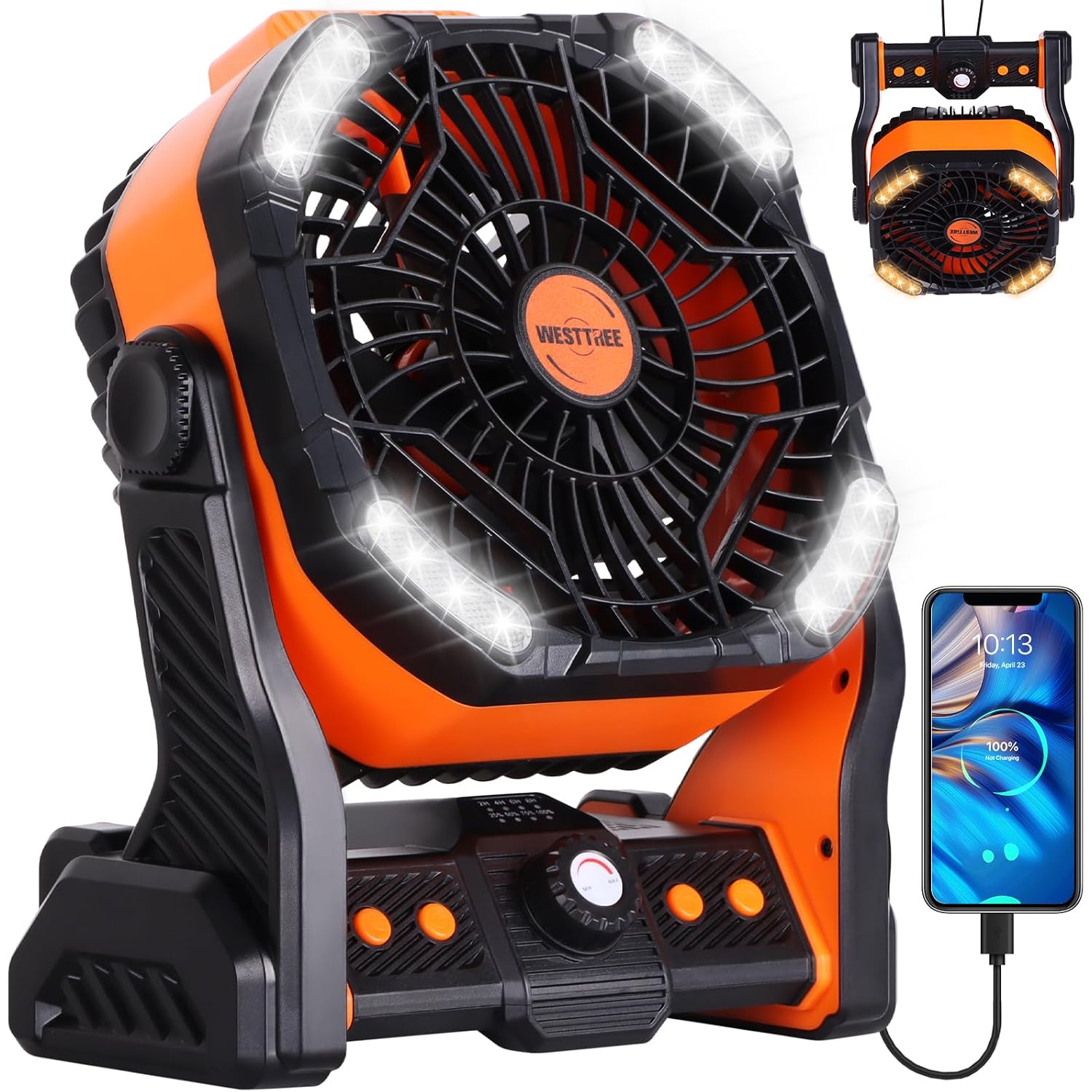 Westtree 20000Mah Battery Powered Fan Camping Fan Essentials Portable Fan Battery Operatedrechargeable Outdoor Tent With Light & Hook Personal Usb Desk For Camping,Orange