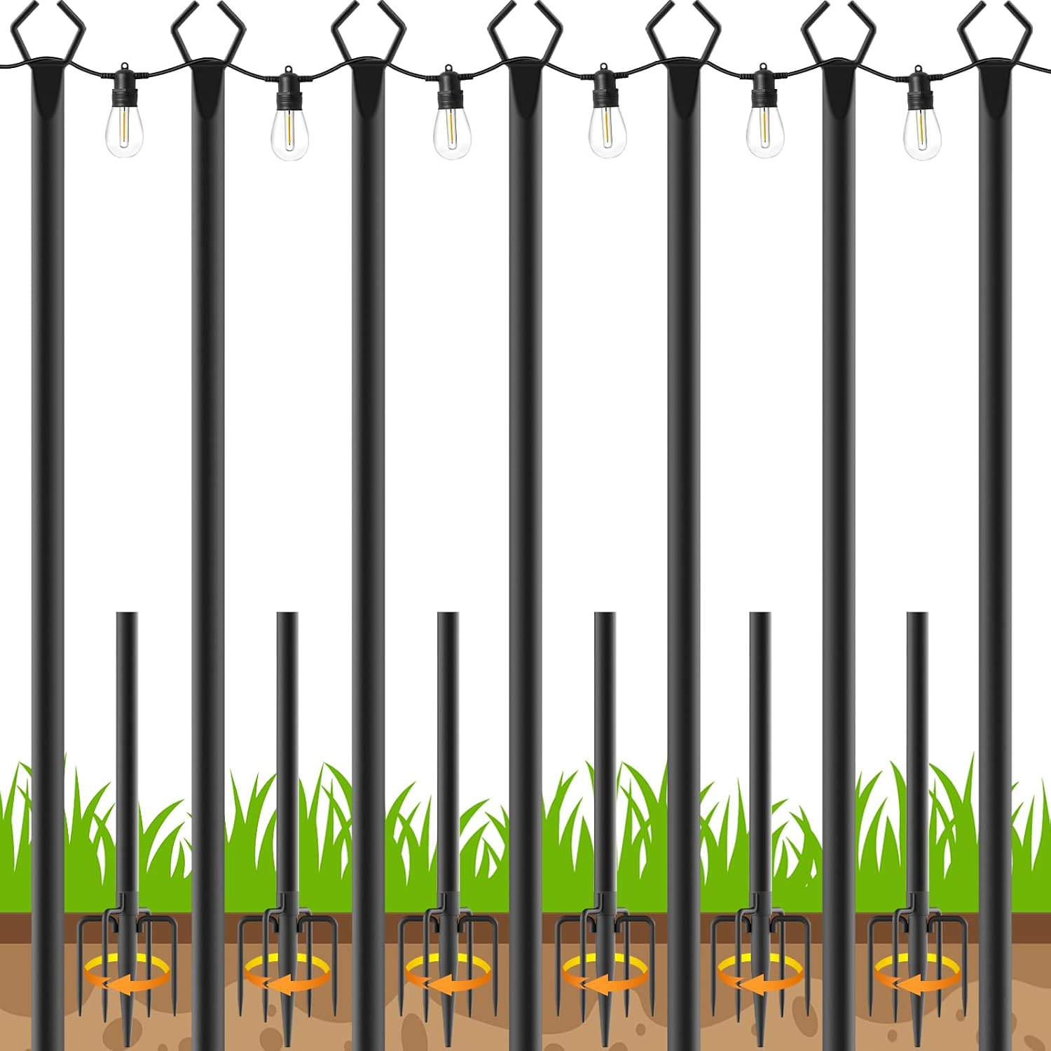 7 Pack 10 Ft String Light Poles,Metal With Fork Lights Poles For Outdoor String Light, Rustproof Heavy Duty For Outside Garden,Patio,Wedding,Backyard,Deck,Party