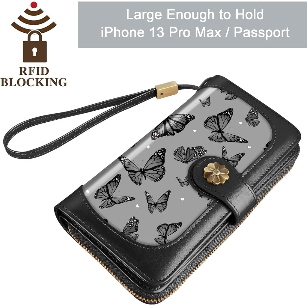 Coco Rossi Women Wallets Multi Card Case Wallet Clutch Wallet Card Holder Organizer Ladies Purse Wrist strap Purse, Black Butterfly