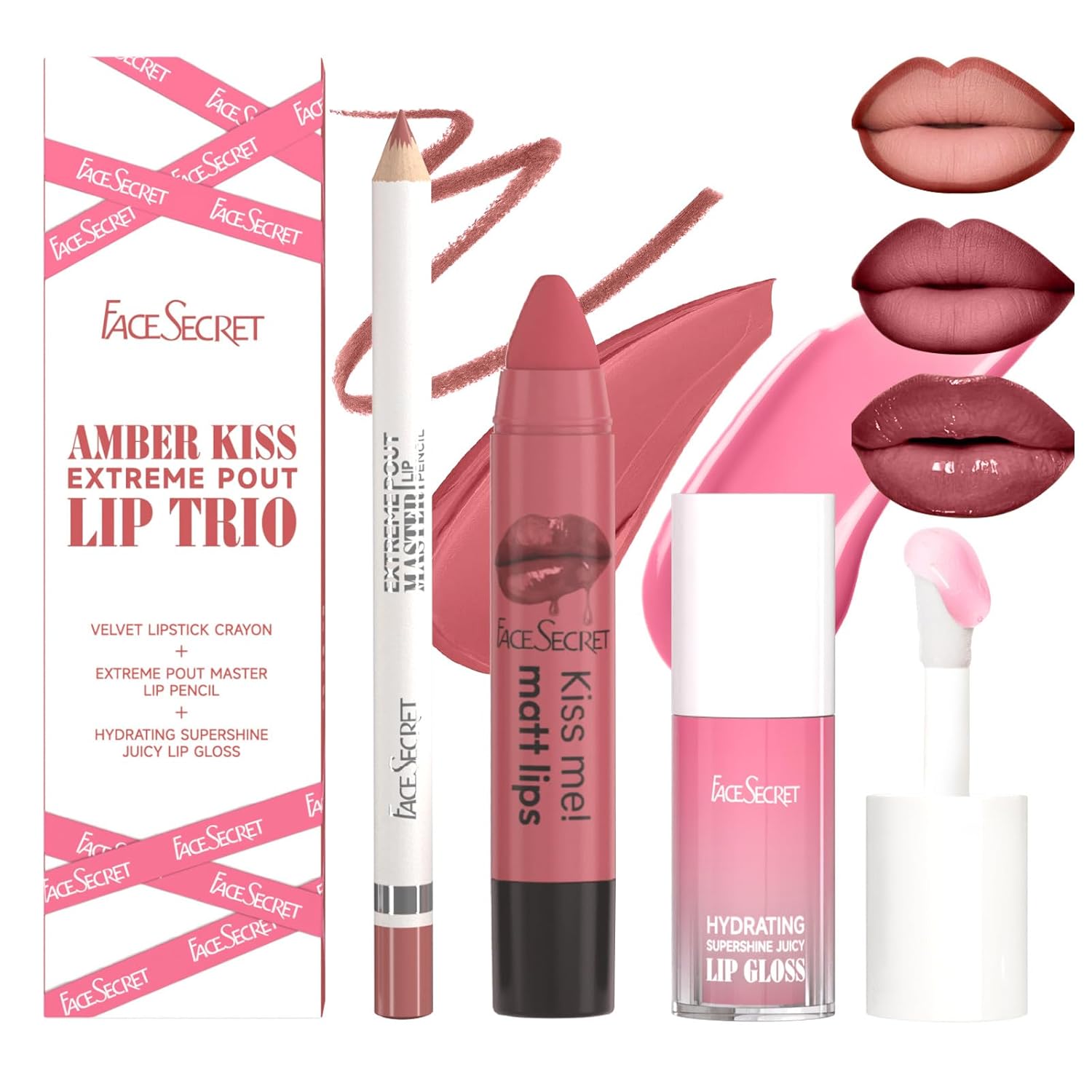 3PCS Lip Liner and Lipstick Combo Set, Velvet Matte Lipstick Pencil & Hydrating Lip Gloss - High Pigment Nude Brown Collection, Long-Lasting Moisturizing Lip Liner for Defining