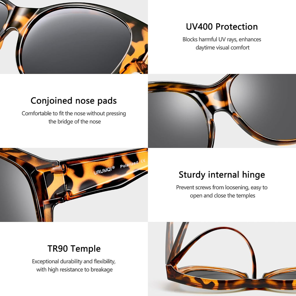 Sunglasses Over Glasses Women, Polarized UV400 Protection Fit Over Glasses Sunglasses for Women Round Cat Eye A01 Glossy Tortoise Frame/Grey Lens