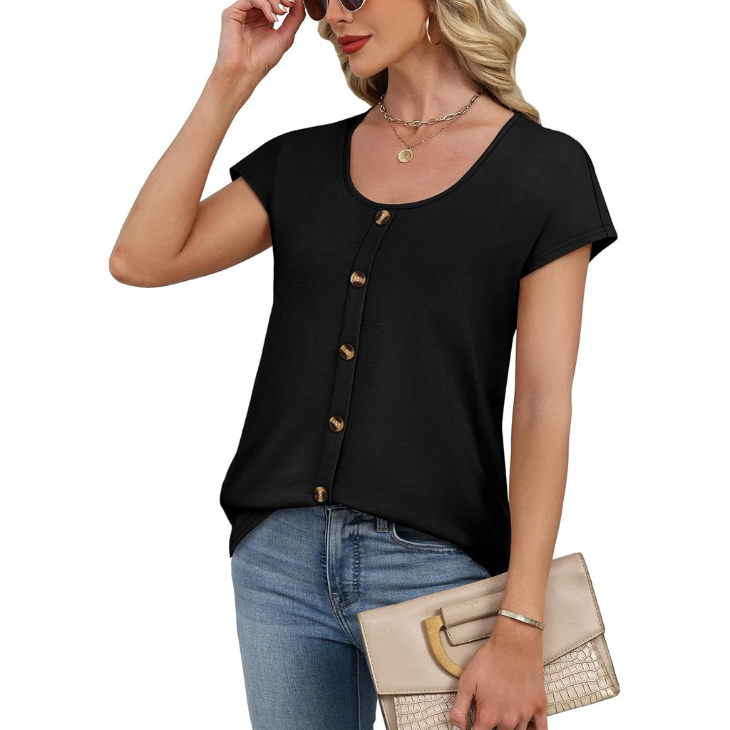 Womens Summer Tops Cap Short Sleeve Shirts Button Down Blouses U Neck T Shirts Fashion Clothing