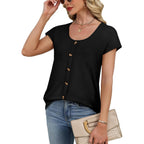 Womens Summer Tops Cap Short Sleeve Shirts Button Down Blouses U Neck T Shirts Fashion Clothing