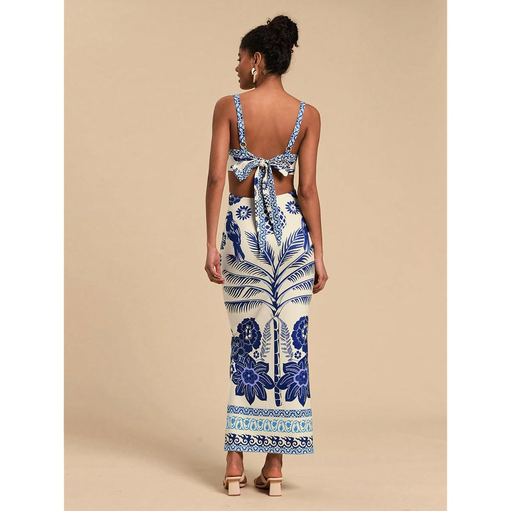 Floerns Women'S Tropical Bow Tie Back Long Dress Sleeveless Split Vacation Maxi Dress