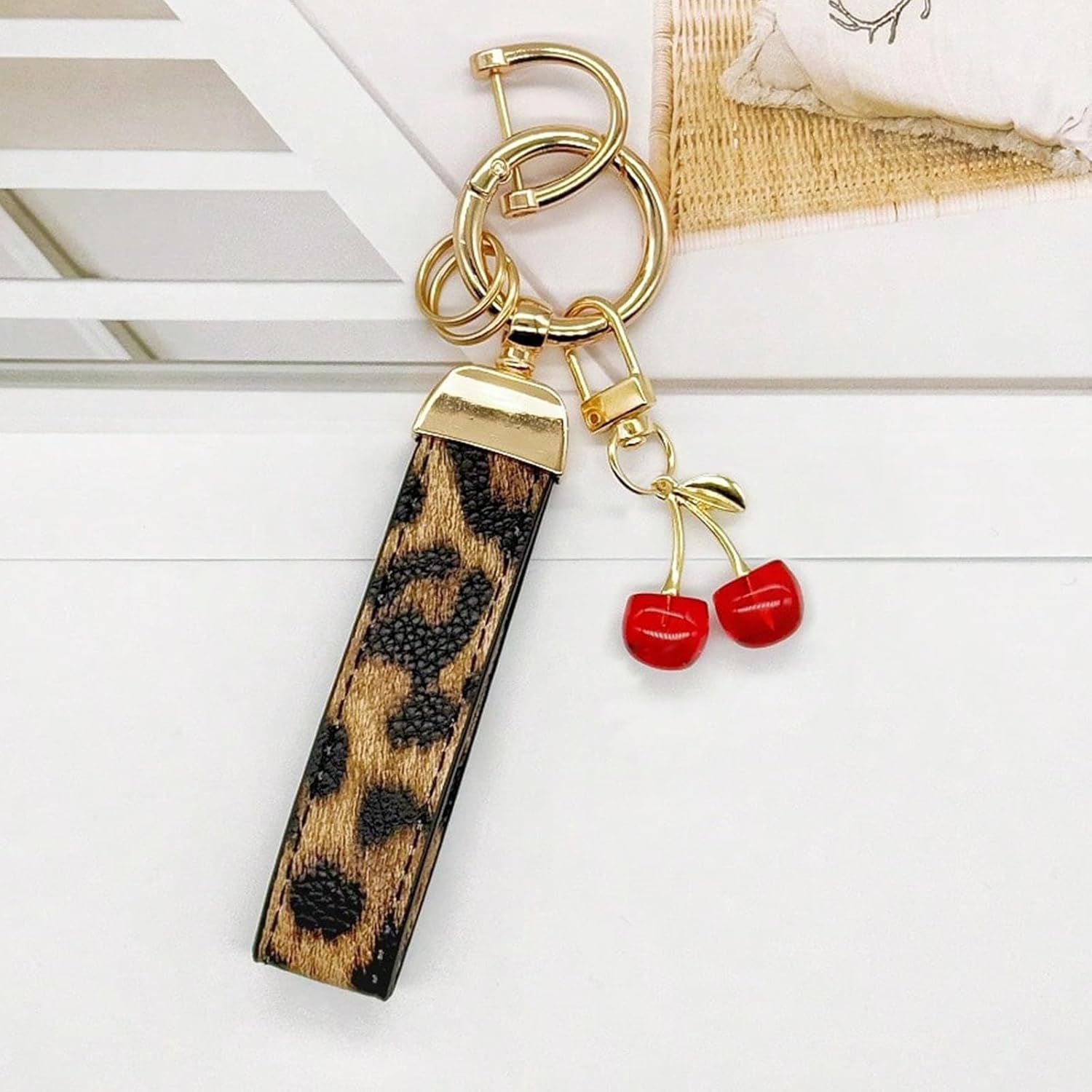 Angyape Cherry Keychain Wristlet Leather Car Keychain for Women Cute Purse Bag Charms Key Fob Holder with Keyrings Gifts