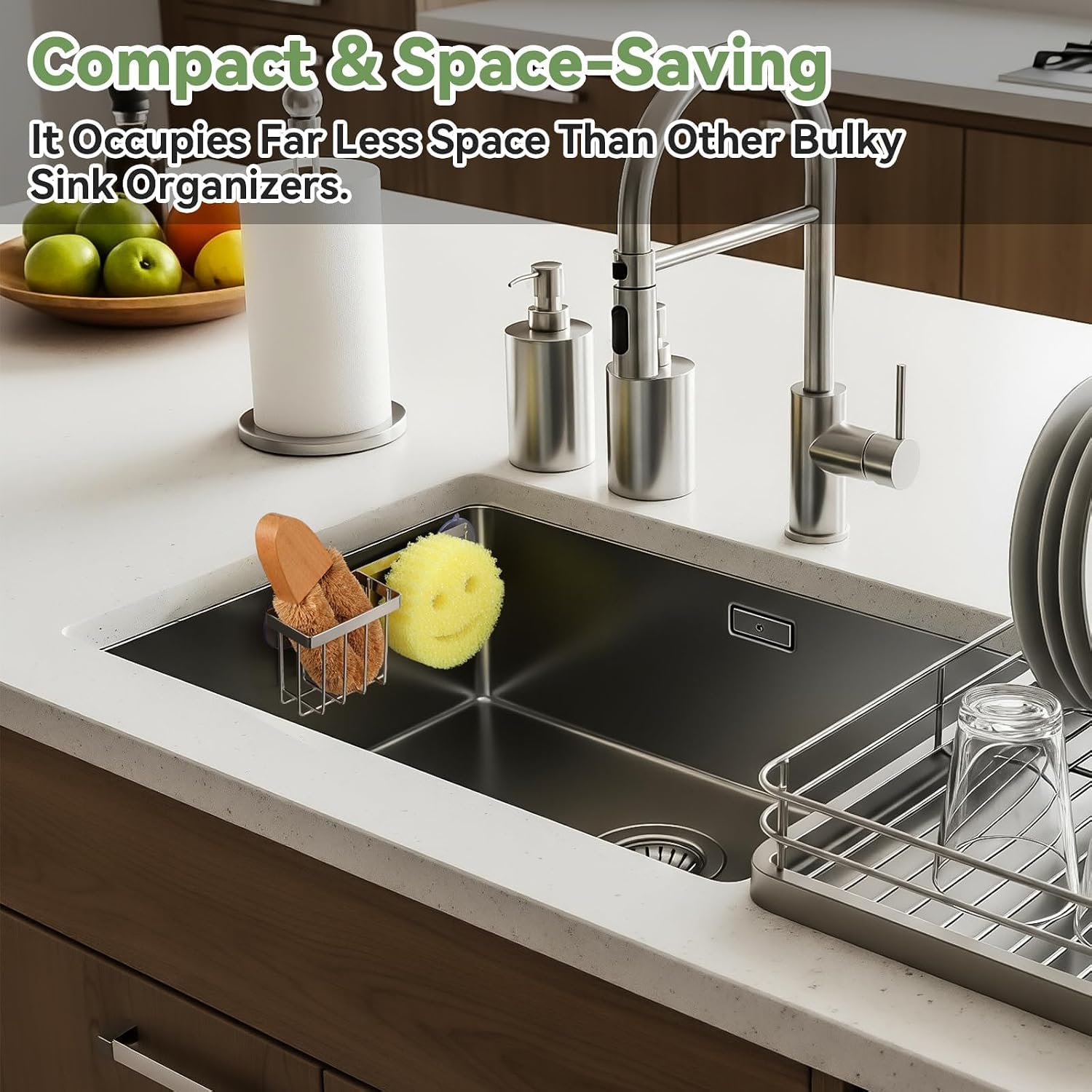 [Space Saving] Sponge Holder For Kitchen Sink, Great For Scrub Daddy / Scrub Mommy Sponges, Rust-Proof Sink Sponge Caddy Organizer For Dish Brush, Scrubber - 2 Mounting Options (Suction Cups & Hooks)