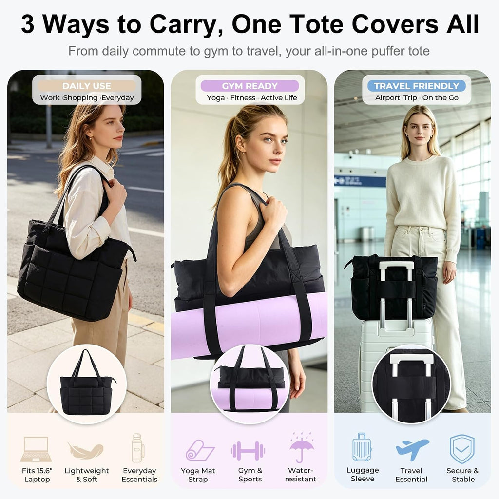 U+U Puffer Tote Bag For Women, Quilted Work Handbag With Compartments, Puffy Shoulder Bag With Yoga Mat Strap For Daily, Gym