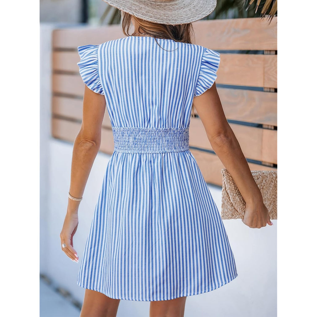 Cupshe Women'S Striped Summer Dresses V Neck Casual Mini Dress Flutter Sleeve Ruffle Button Sundresses