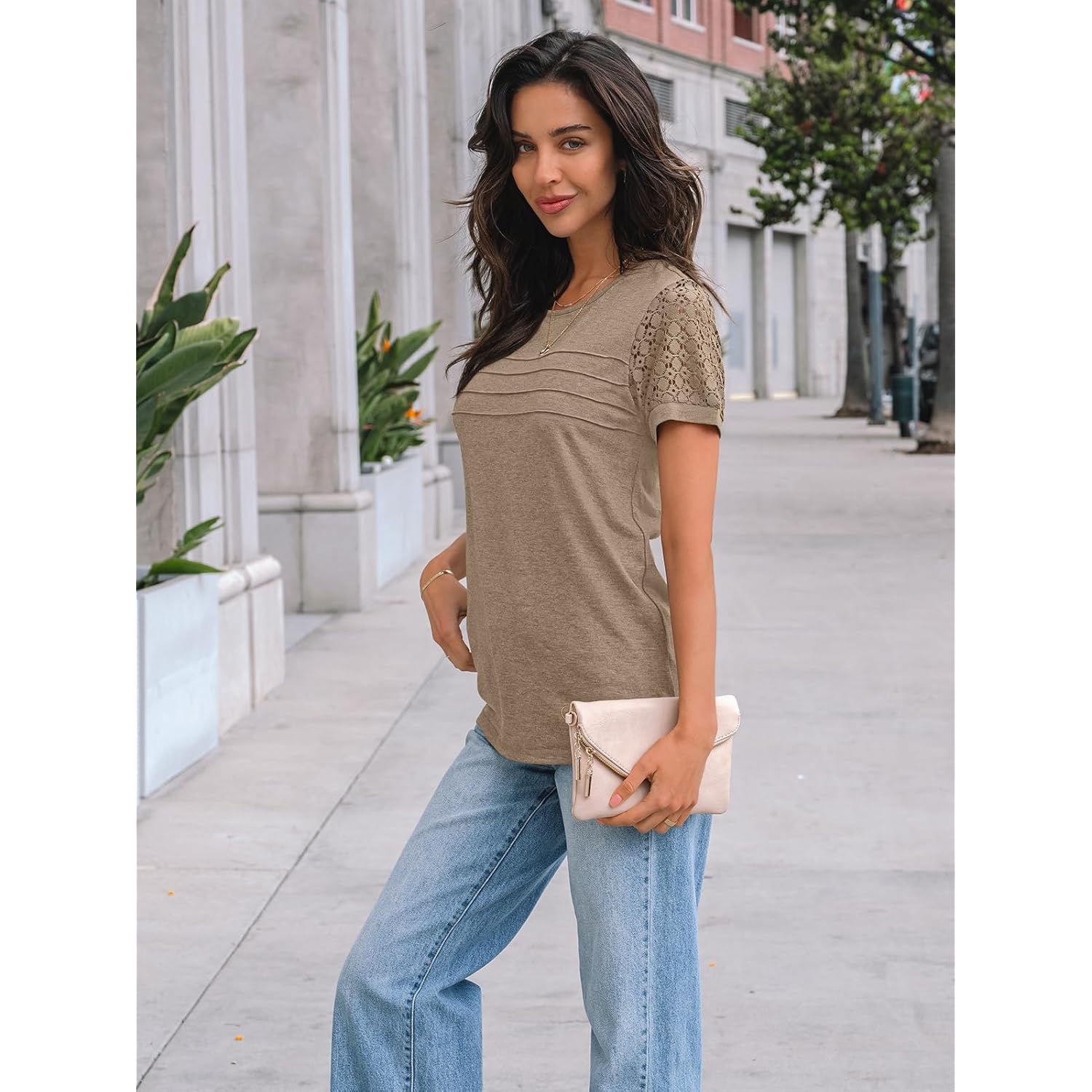 Women's Short Sleeve Shirts Dressy Lace Summer Tops 2026 Spring Trendy Casual T-Shirts Cute Work Outfits Blouses