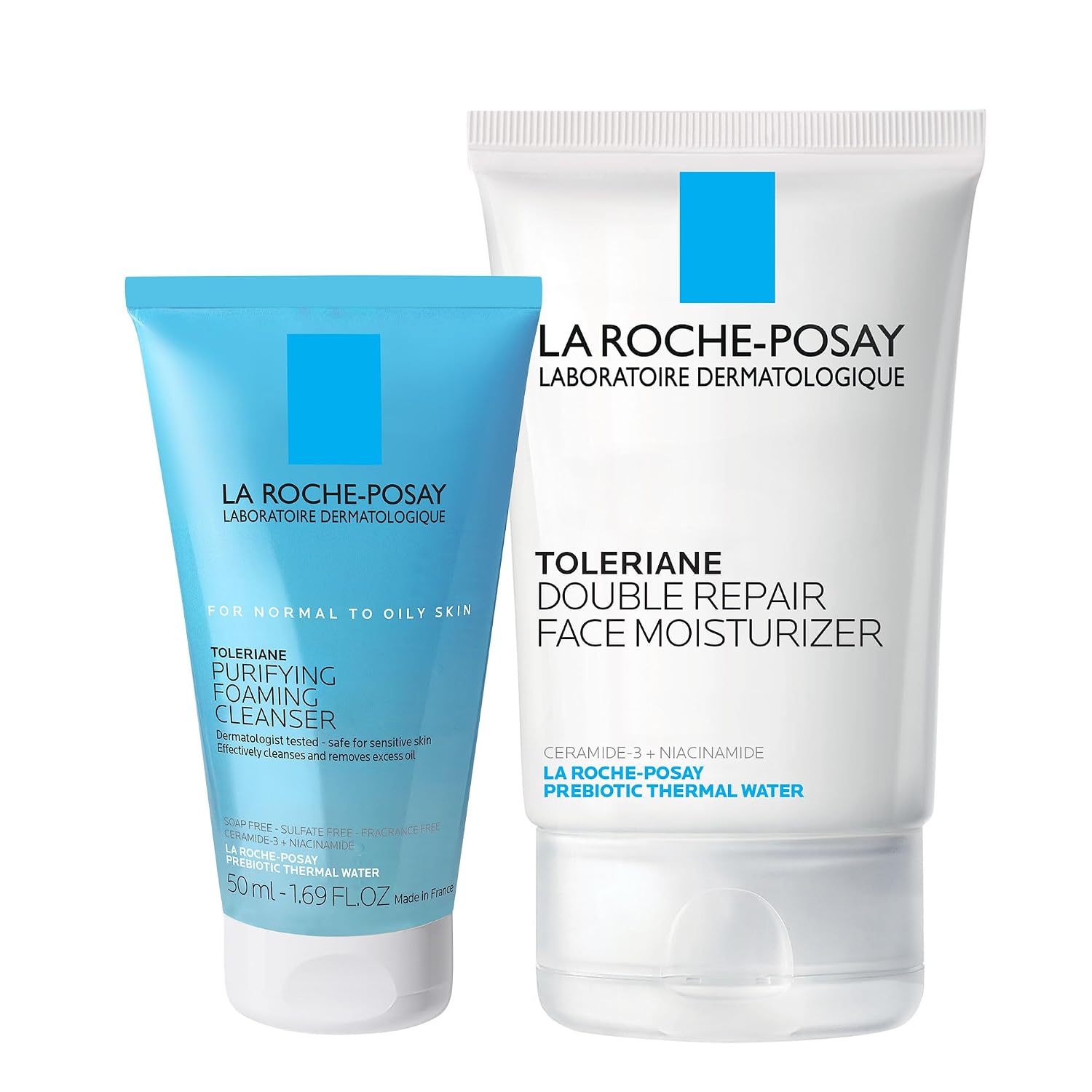 La Roche-Posay Toleraine Skin Care Set, Double Repair Face Moisturizer 100Ml & Purifying Foaming Facial Cleanser 50Ml, Oil Free Moisturizer & Face Wash For Oily Skin, Formulated With Niacinamide