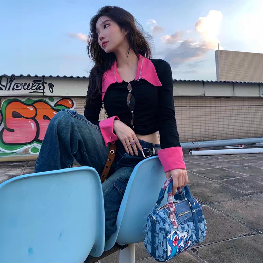 Cute Womens Purses and Handbags, Blue Denim Shoulder Bag Cartoon Crossbody Bags With Detachable Strap
