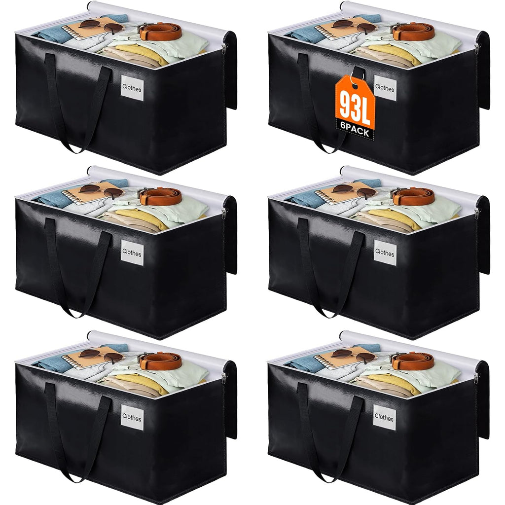 Collapsible Moving Bags - Heavy Duty Boxes With Zippers And Handles, Space Saving Packing Totes For Moving Supplies Storage (93L, 6-Pack, Black)