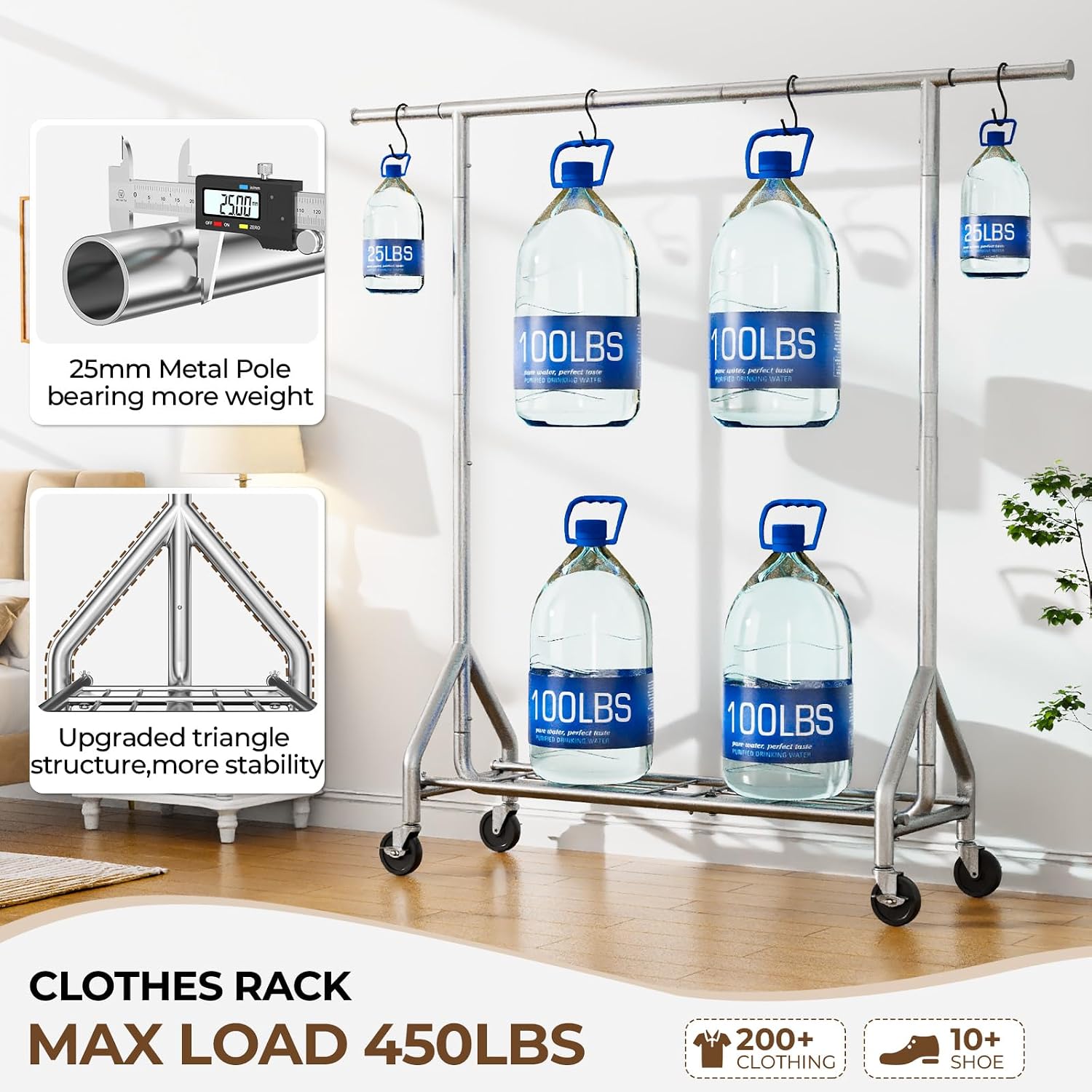 Hyseyy Heavy Duty Clothes Rack Load 450 Lbs, Metal Garment Rack, Standing Rolling Clothing Rack For Hanging Clothes With Sturdy Wheels & Shelves, Portable Closet Wardrobe Rack,Sliver