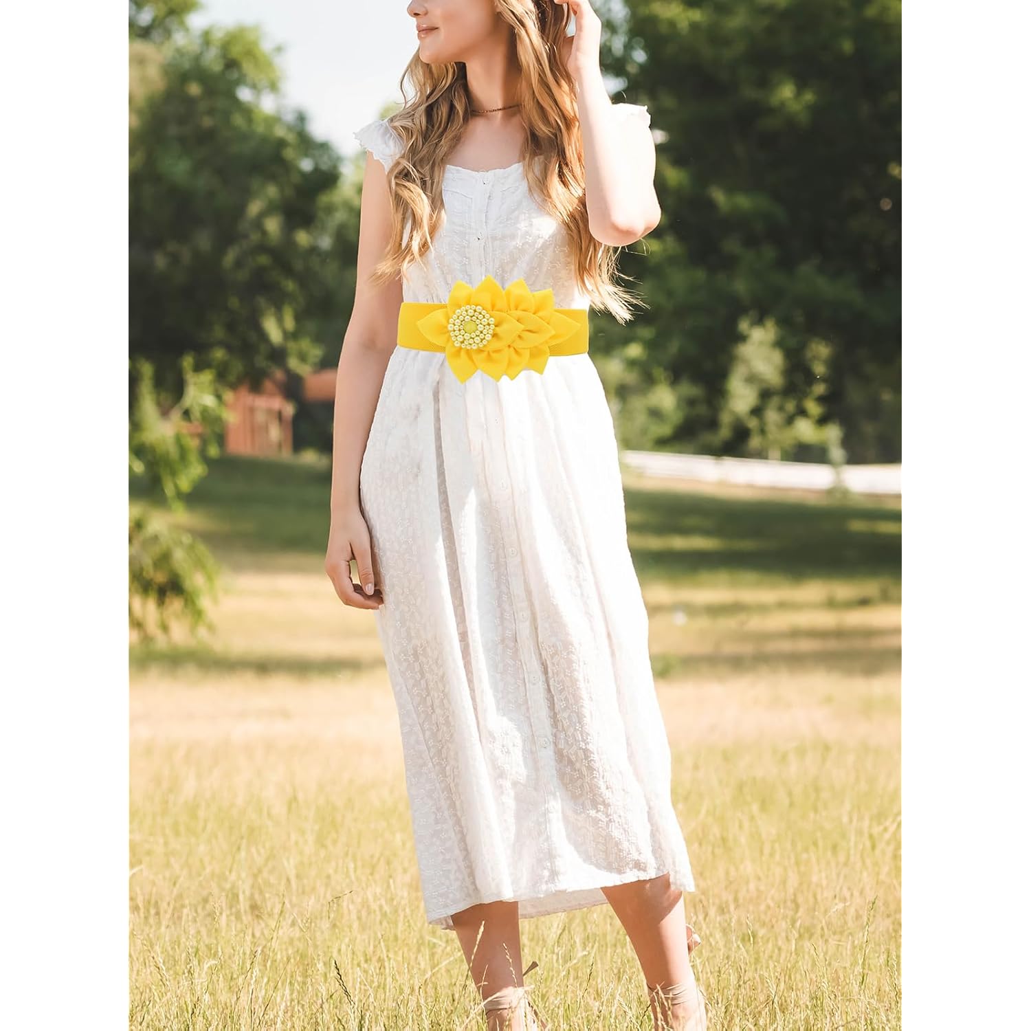 TeeYee Womens Elastic Big Décor Flowers Belt Wide Stretch Adjustable Fashion Waist Belt