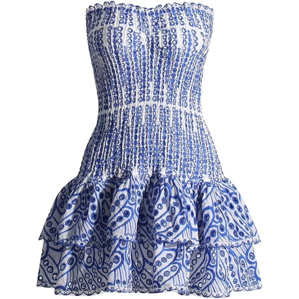 Tube Top Preppy Dress Women Y2K Blue Floral Strapless Mini Dress Vintage Short Going Out Dresses