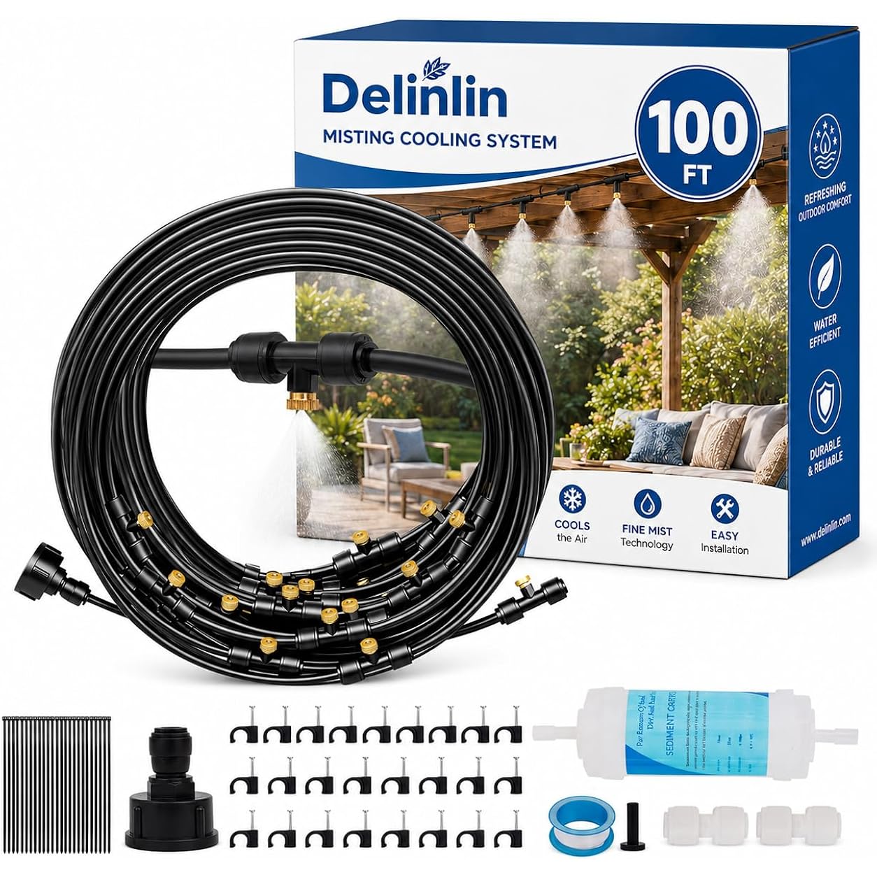 100Ft Misters For Outside Patio, Outdoor Misting Cooling System With 20 Brass Nozzles & Filters, Diy Misting Kit For Backyard Garden Greenhouse Deck Umbrella Canopy Pool Porch Trampoline