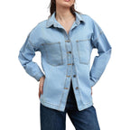 Women Denim Shirt Jean Jacket Oversize Button Down Shirt Long Sleeve Jean Tops Trendy Shackets