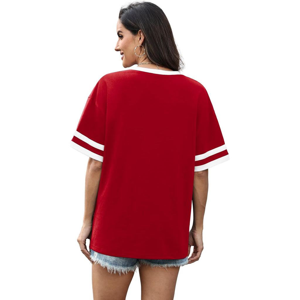 Womens T Shirts Loose Fit Short Sleeve Tees V Neck Color Block Summer Tops 2026 Fashion S-4XL