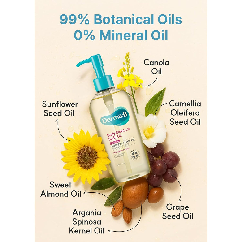 Derma B Daily Moisture Body Oil, 6.8 Fl Oz (200Ml) | Body Oil For Dry Sensitive Skin | Argan & Sweet Almond Oil | Light Long-Lasting Hydration | Shower Oil For Dry Sensitive Skin