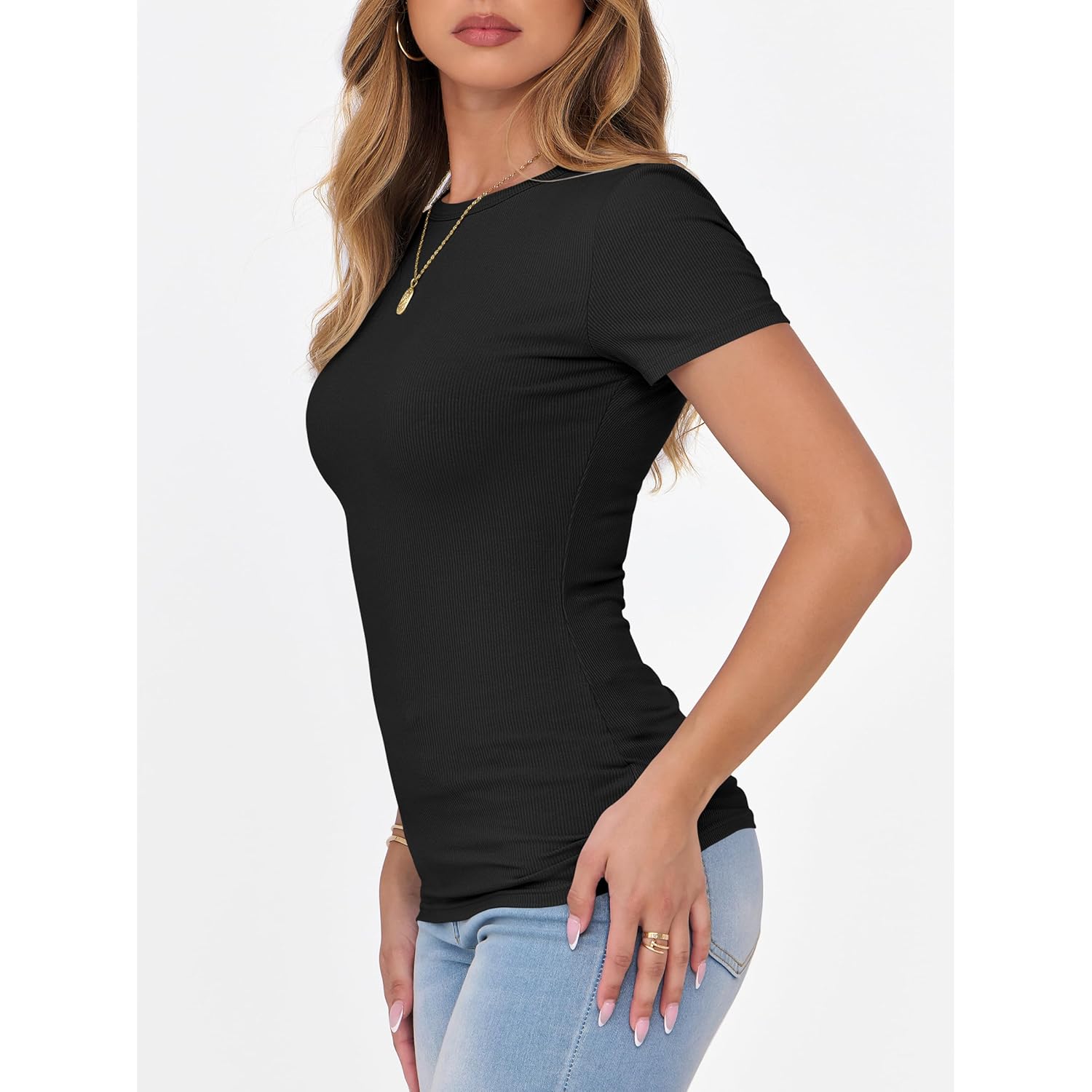 Women Short Sleeve Crewneck Ribbed Knit Slim Fitted Shirts Summer Tops Basic Tee Casual 2026 Spring Outfits Clothes