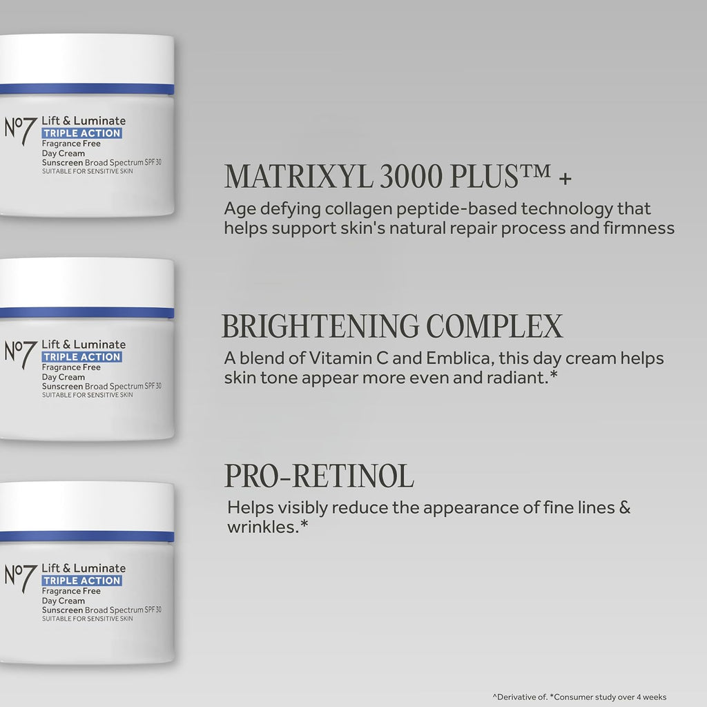 No7 Lift & Luminate Triple Action Face Cream - Fragrance Free Face Moisturizer With Spf 30 - Formulated With Anti Aging Collagen Peptides & Brightening Complex (1.69 Oz)
