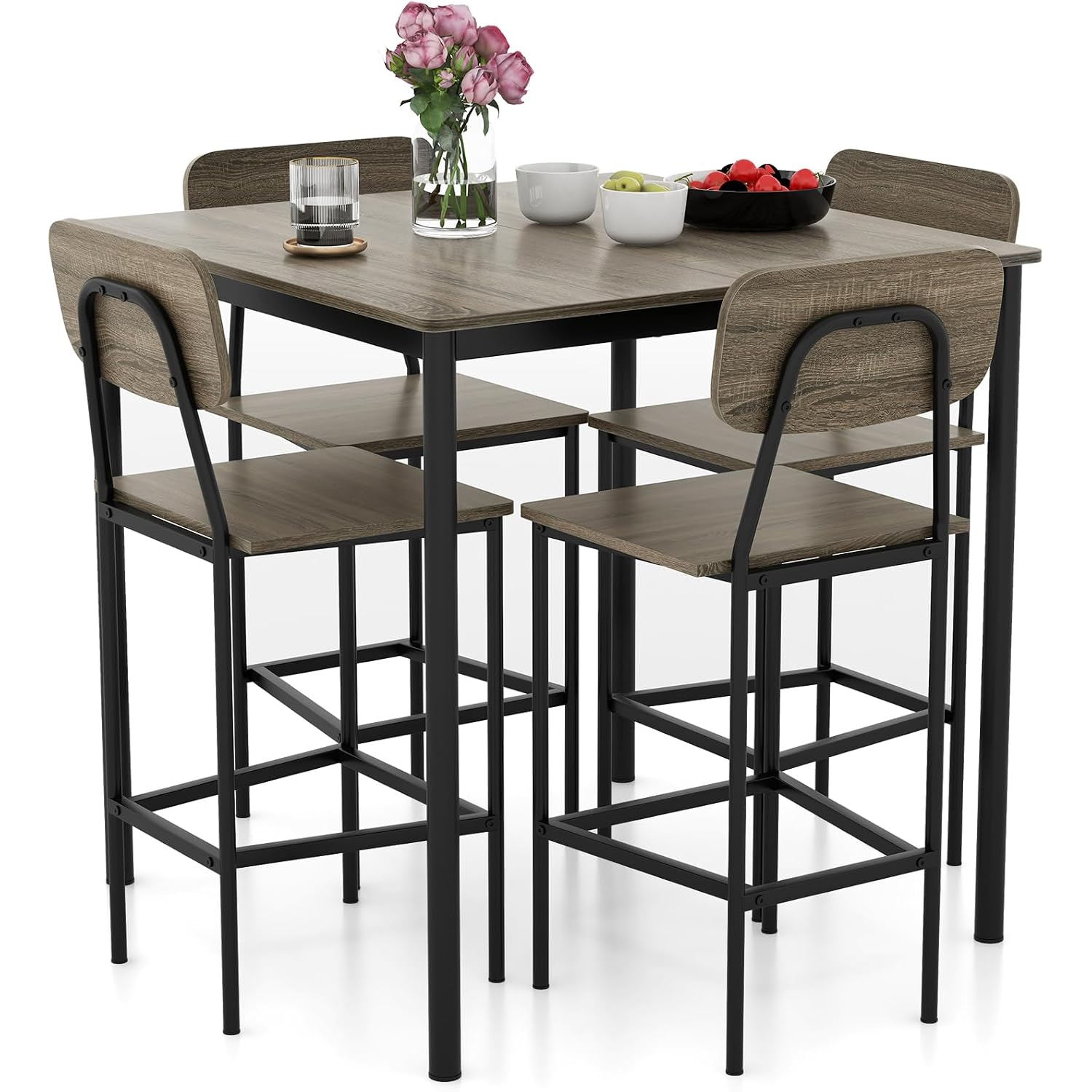 Giantex 5-Piece Dining Table Set W/Counter Height Table & 4 Bar Stools, Modern Kitchen Dining Set W/Footrest & Backrest, Space-Saving Dinette Set For Pub, Dining Room, Restaurant (Black Oak)