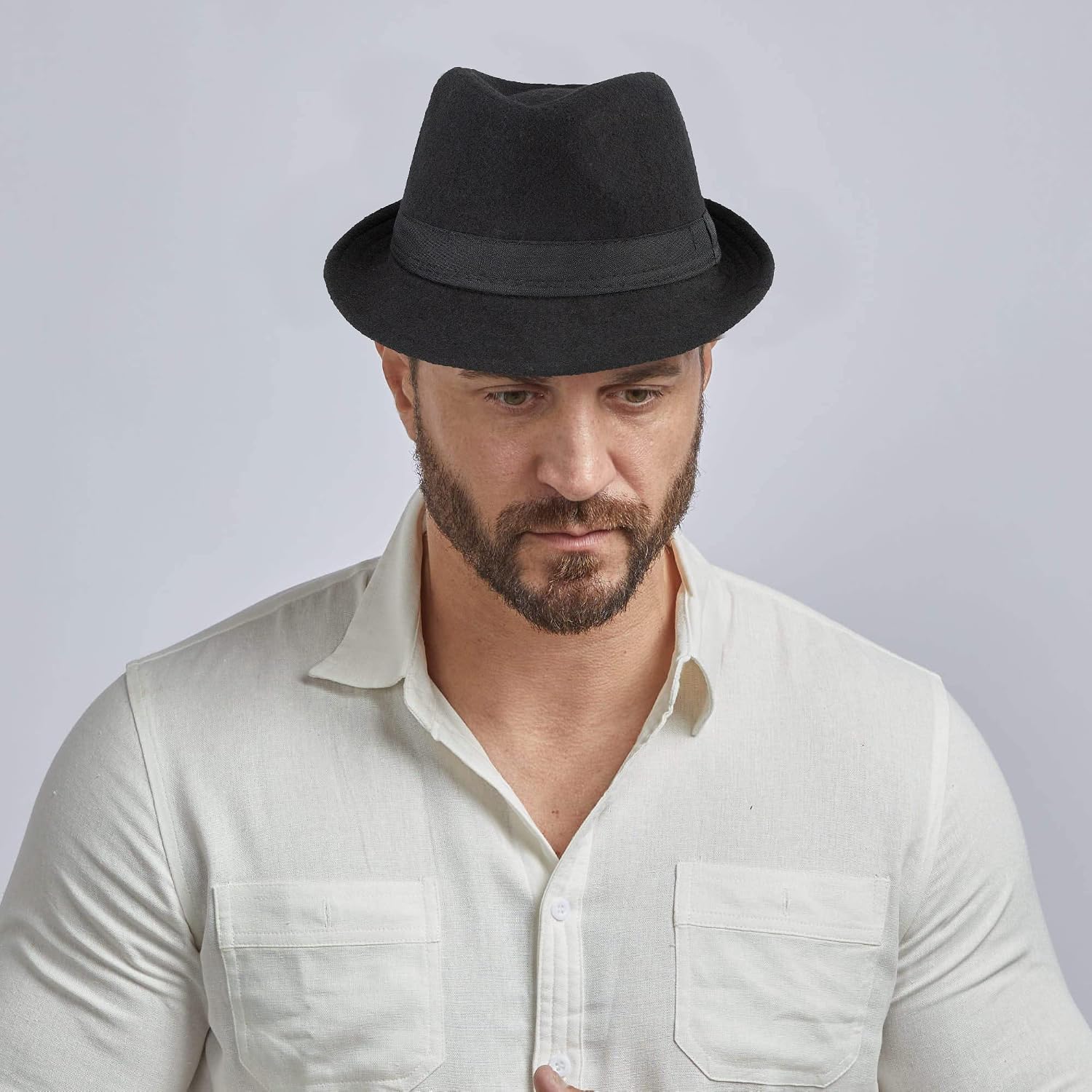 Unisex Classic 20s Trilby Fedora-Hat Casual Manhattan Short-Brim Structured Gangster Panama Felt Jazz Cap Black