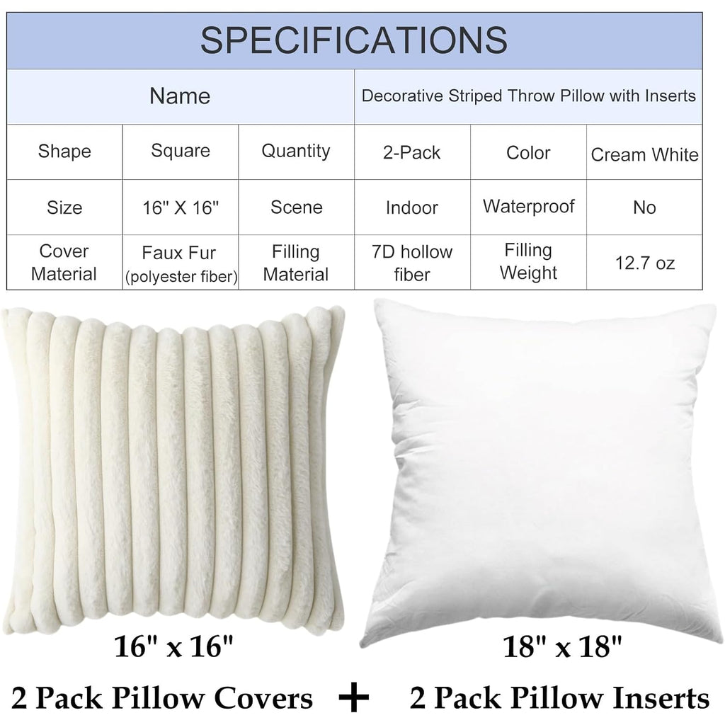 Decorative Throw Pillow With Inserts, Set Of 2 Soft Faux Fur Throw Pillows, Square Boho Striped Pillow For Couch, Bed, Sofa Decor(Beige, 16" X 16")