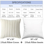 Decorative Throw Pillow With Inserts, Set Of 2 Soft Faux Fur Throw Pillows, Square Boho Striped Pillow For Couch, Bed, Sofa Decor(Beige, 16" X 16")