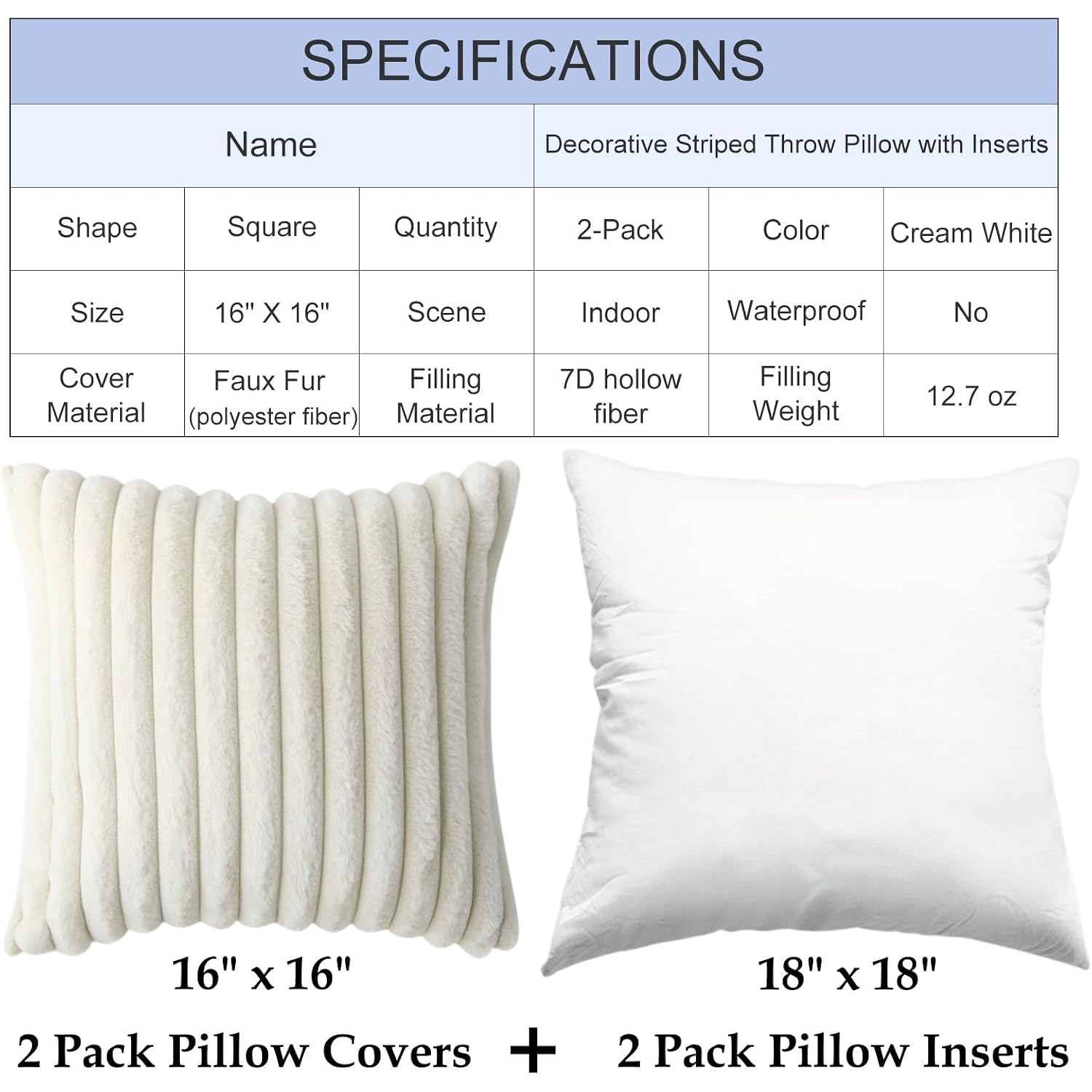 Decorative Throw Pillow With Inserts, Set Of 2 Soft Faux Fur Throw Pillows, Square Boho Striped Pillow For Couch, Bed, Sofa Decor(Beige, 16" X 16")
