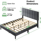 Marsail Queen Size Bed Frame, Sturdy And Durable With 12 Support Legs, 1300 Lbs Capacity, Solid Wooden Upholstered Adjustable Headboard For 6"-12" Mattresses, Easy Assembly, Ideal Height, Dark Gray