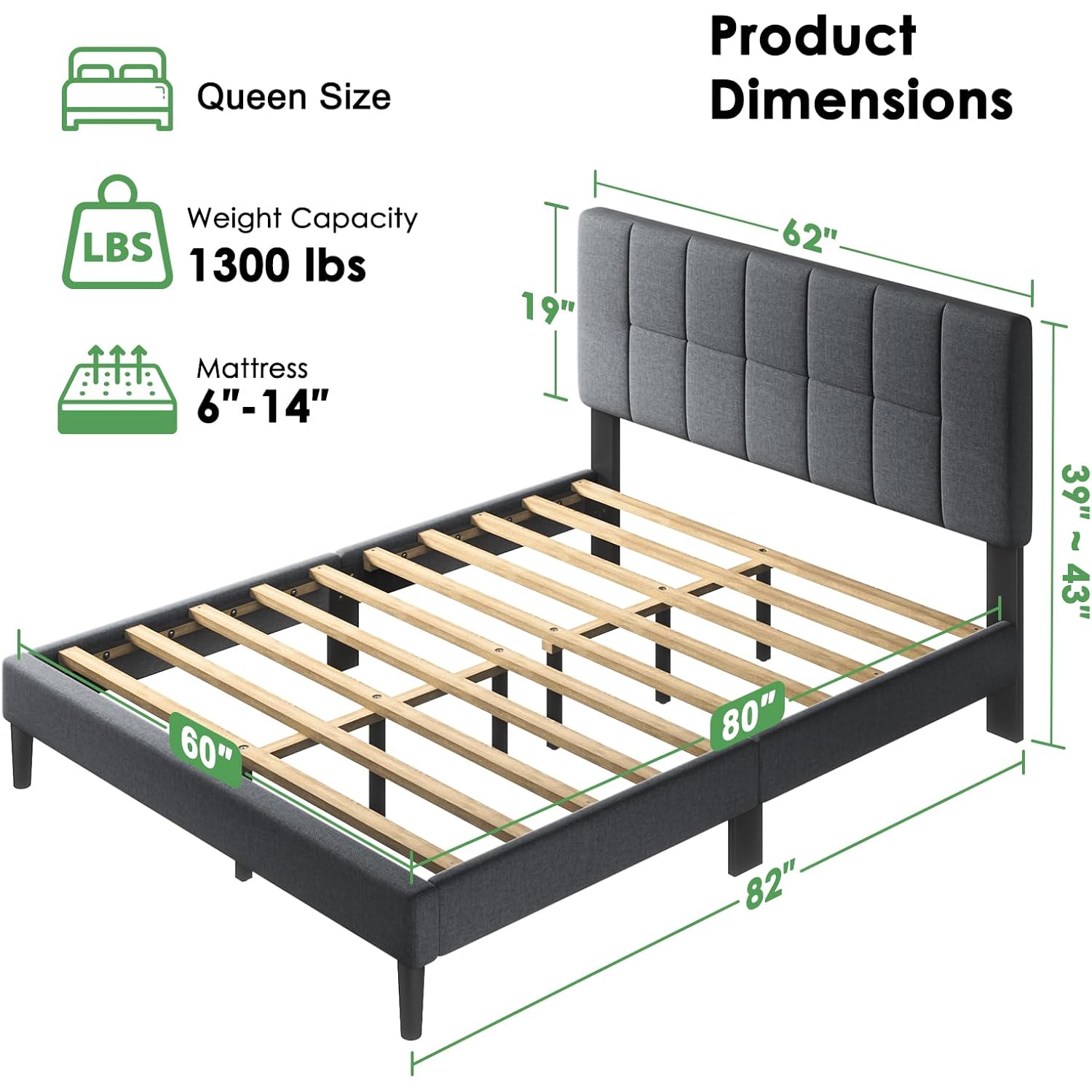 Marsail Queen Size Bed Frame, Sturdy And Durable With 12 Support Legs, 1300 Lbs Capacity, Solid Wooden Upholstered Adjustable Headboard For 6"-12" Mattresses, Easy Assembly, Ideal Height, Dark Gray