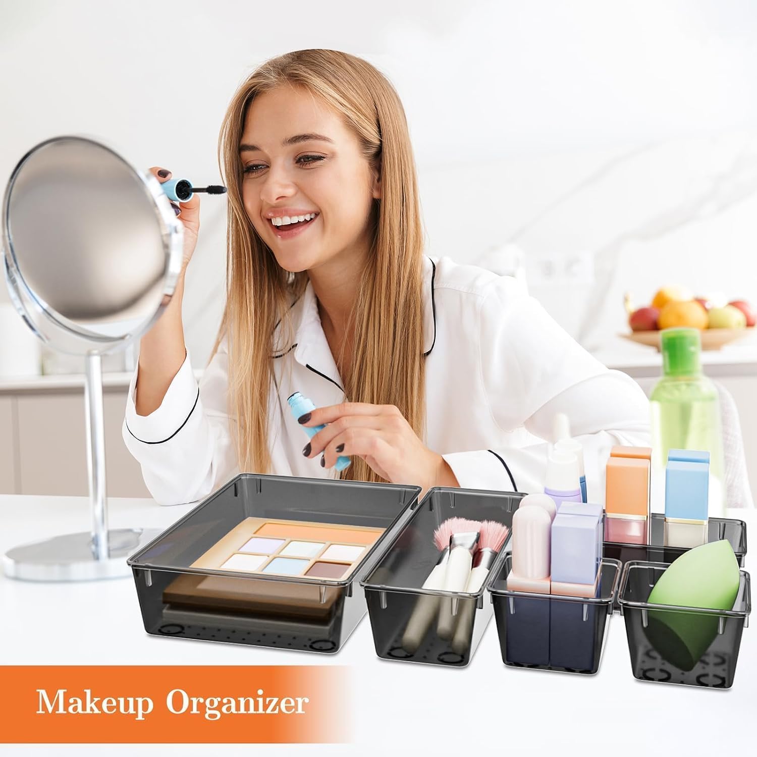 Spacehacks 25 Pcs Plastic Drawer Organizer Set, 4-Size Versatile Organizer Tool Trays & Storage Bins For Makeup, Jewelry, And Gadgets In Bathroom, Bedroom And Office,Clear Black