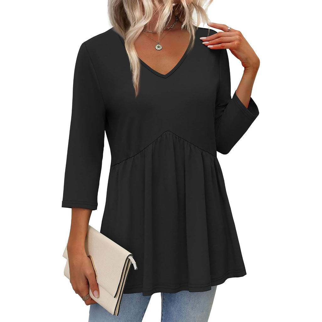 Ofeefan 3/4 Length Sleeve Womens Tops 2025 Blouses For Women Dressy Casual Fashion Clothing V Neck Babydoll Tops Fall Outfits