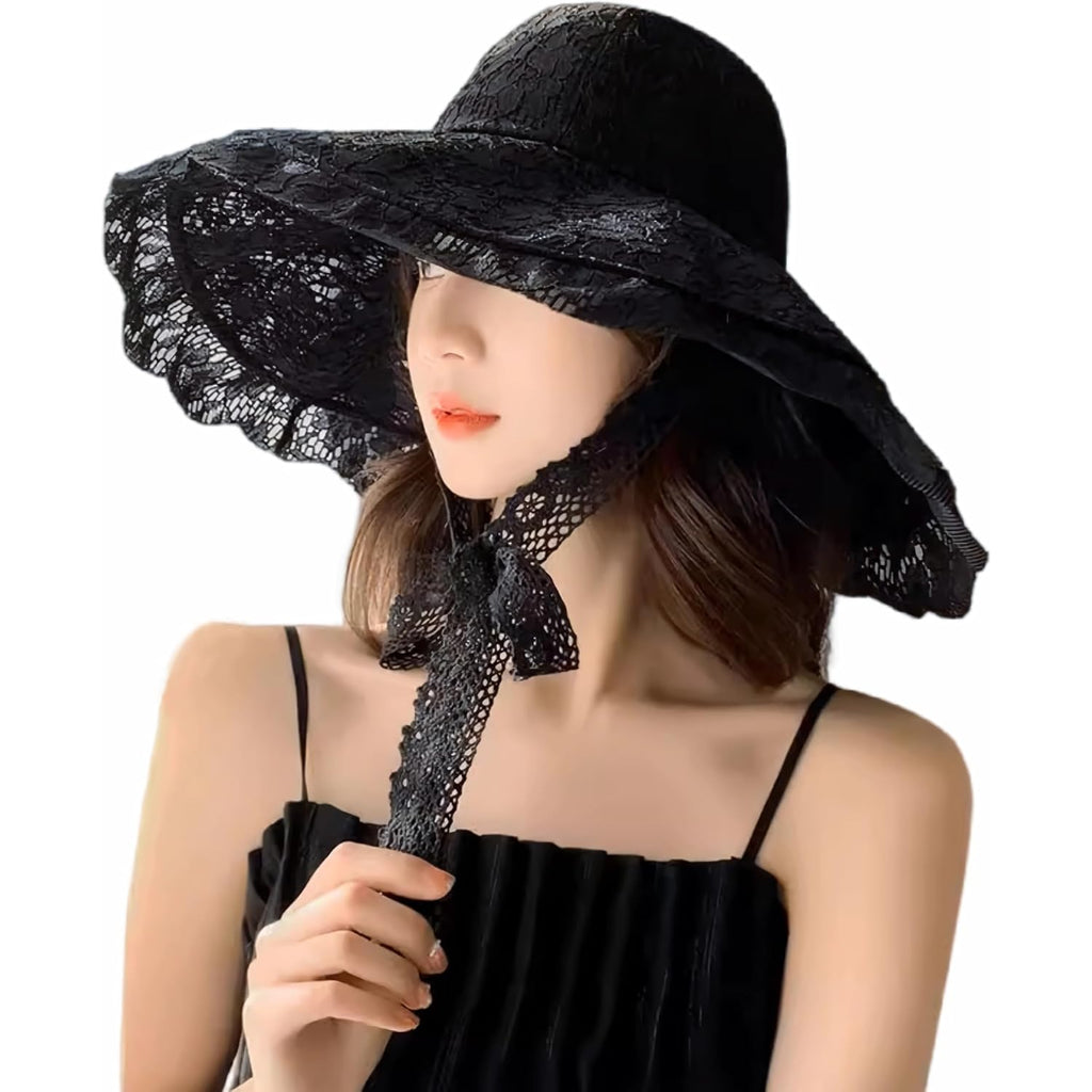 Women Sun Hat Wide Brim Lace Sunscreen Hat with Ribbon Folding Beach Cap Summer Sun Hat Elegant Vintage Dress Hats Black