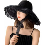 Women Sun Hat Wide Brim Lace Sunscreen Hat with Ribbon Folding Beach Cap Summer Sun Hat Elegant Vintage Dress Hats Black